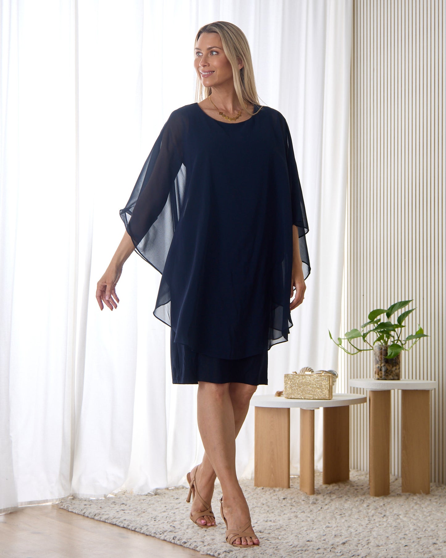 Diana Chiffon Overlay Dress - Navy