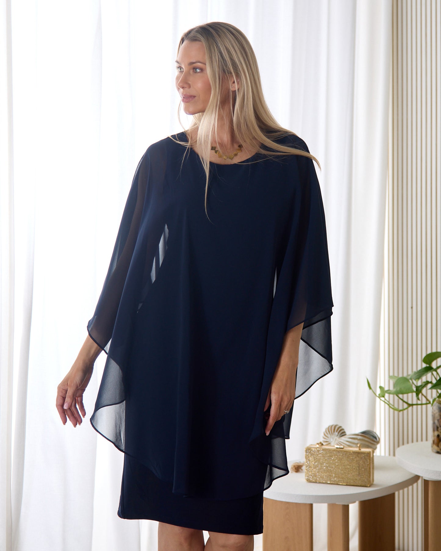 Diana Chiffon Overlay Dress - Navy