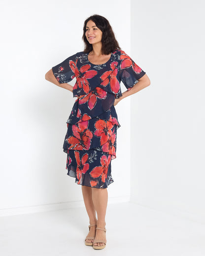 Arabella Chiffon Layered Dress - Navy Dream: front view on model