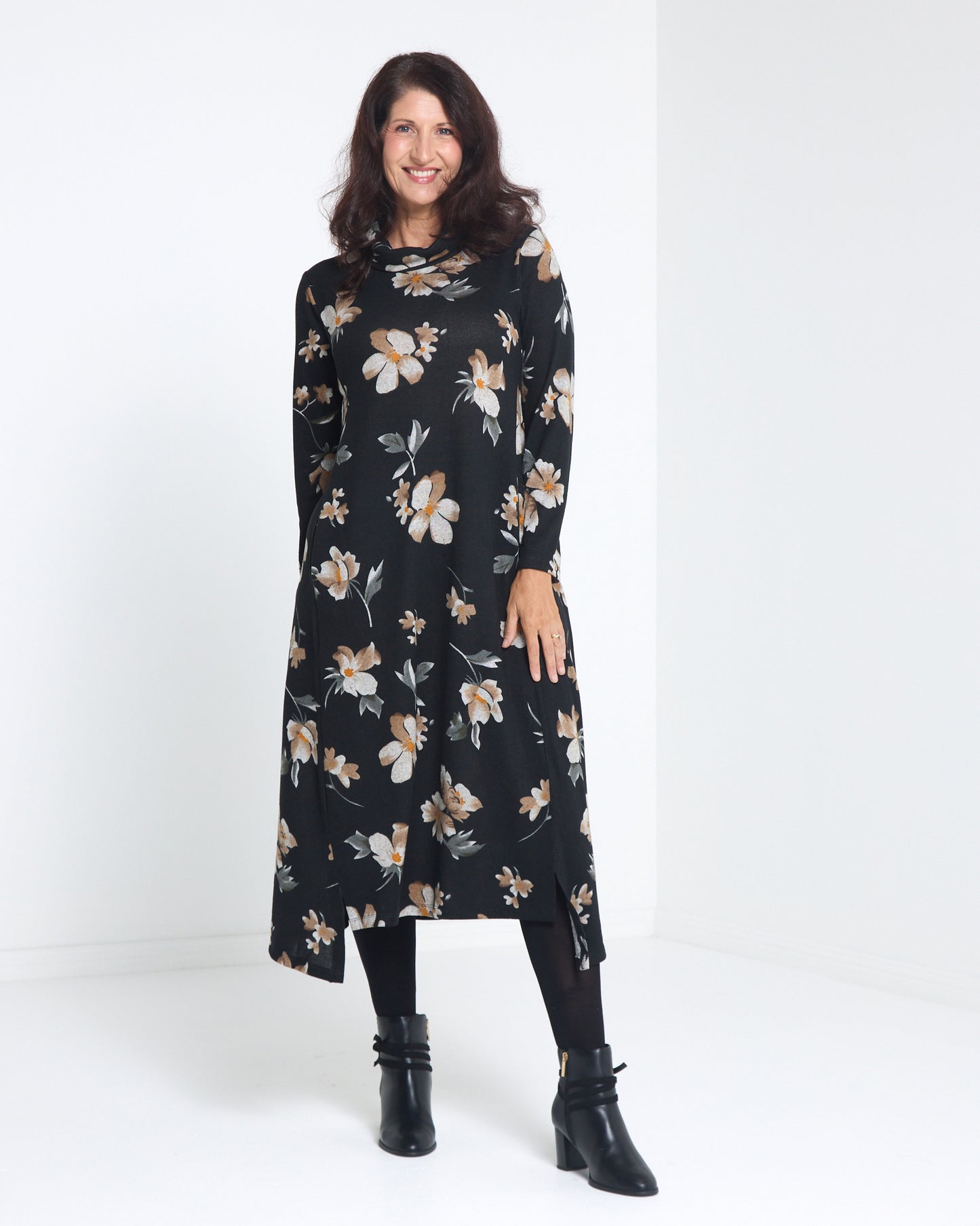 Vanetta Cowl Swing Dress - Mocha Bloom