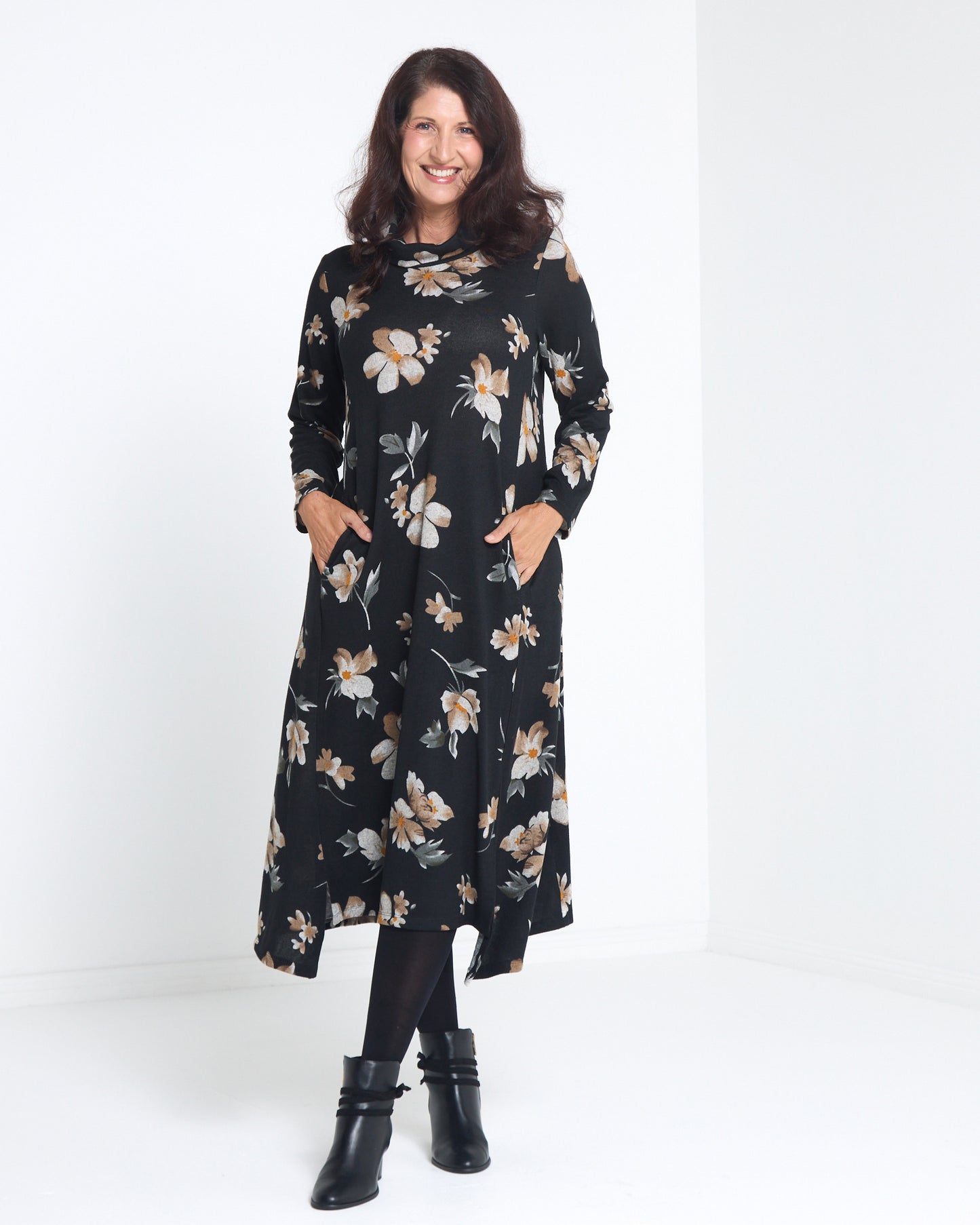 Vanetta Cowl Swing Dress - Mocha Bloom