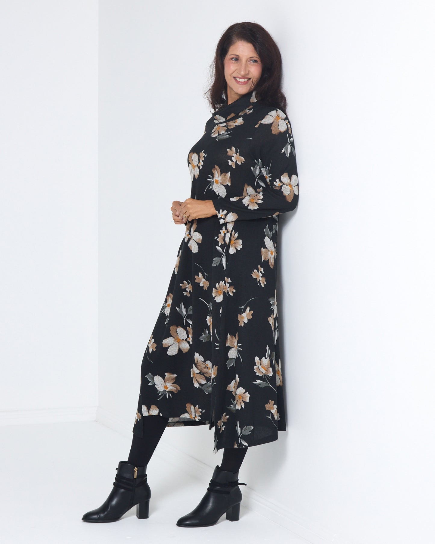 Vanetta Cowl Swing Dress - Mocha Bloom