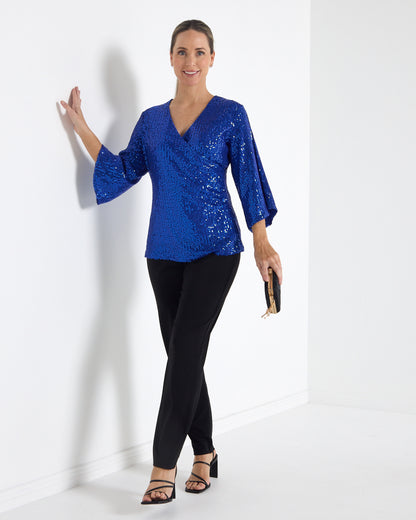 Sparkle Sequin Top in electric blue, full-length front view worn with black pants