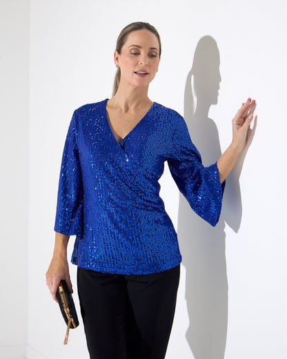 Sparkle Sequin Top in electric blue, front view with three-quarter flared sleeves