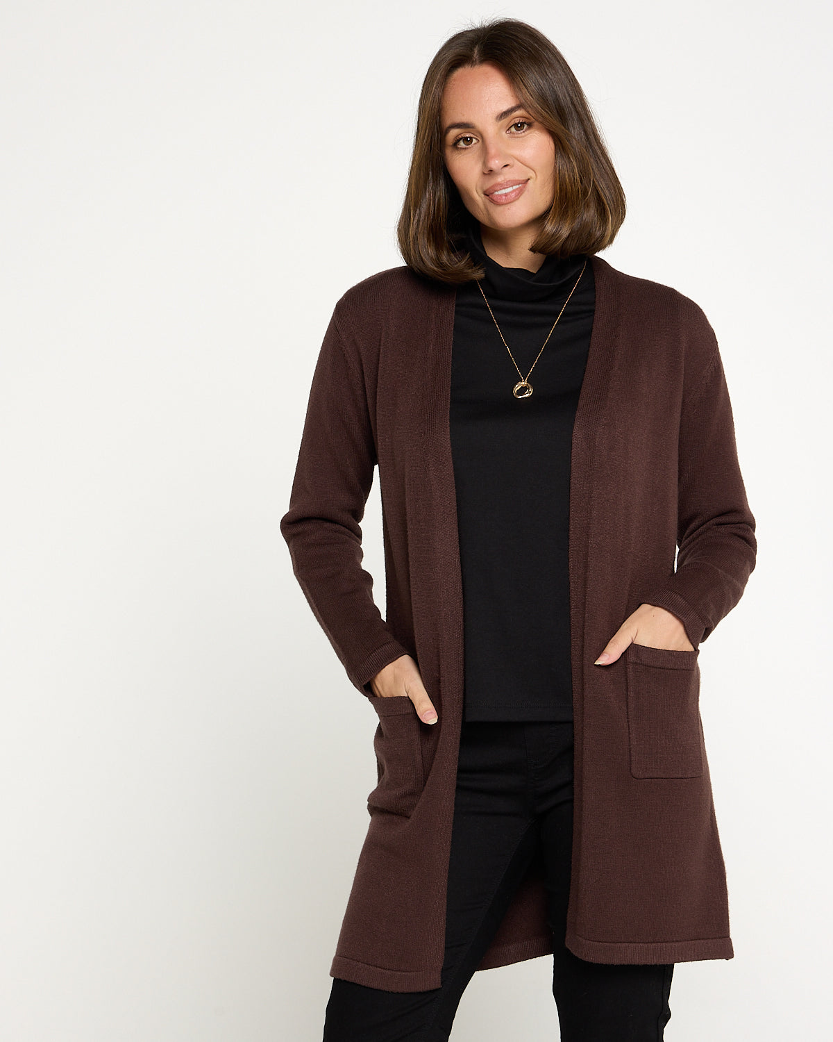 Brown Longline Knit Cardigan – Soft Winter Layering Piece – TULIO