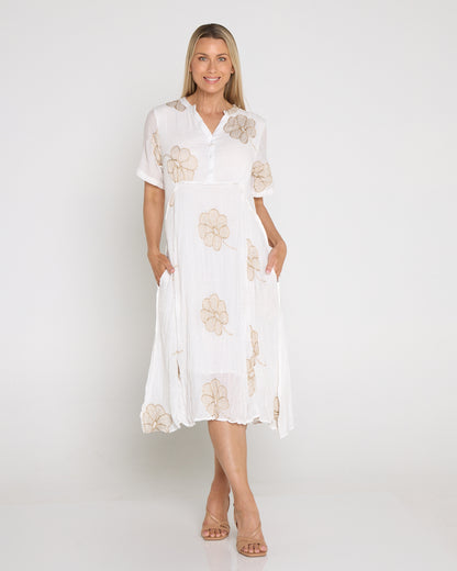 Newark Embroidered Dress - White/Gold