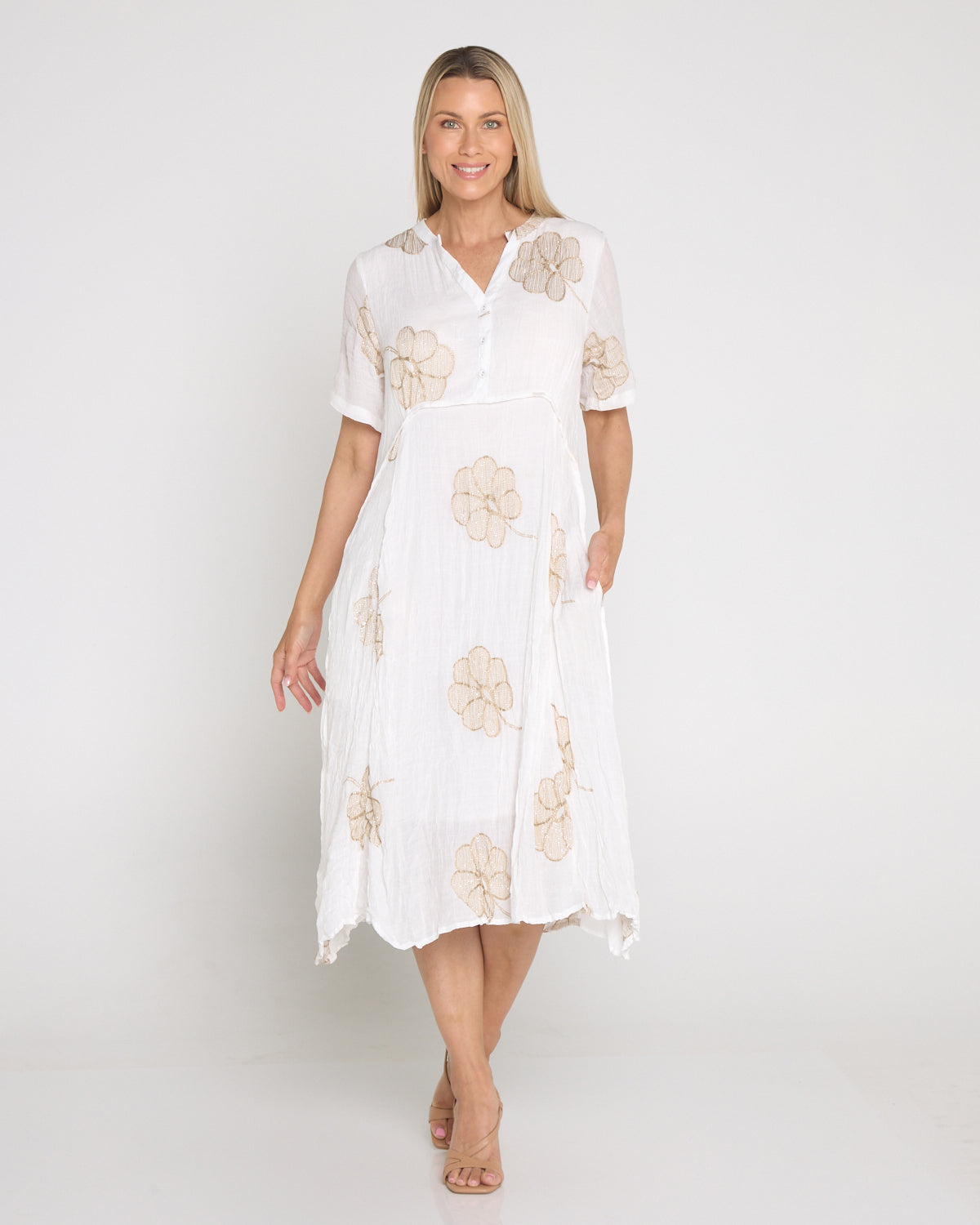 Newark Embroidered Dress - White/Gold