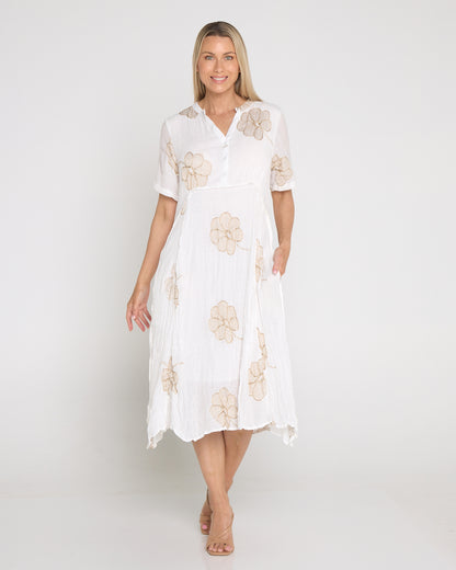Newark Embroidered Dress - White/Gold