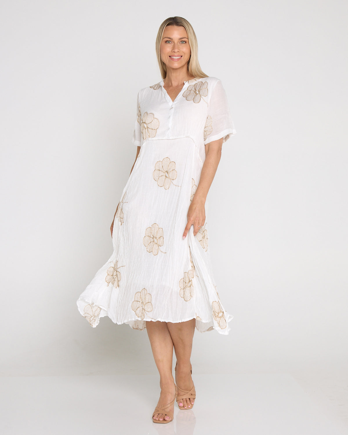 Newark Embroidered Dress - White/Gold