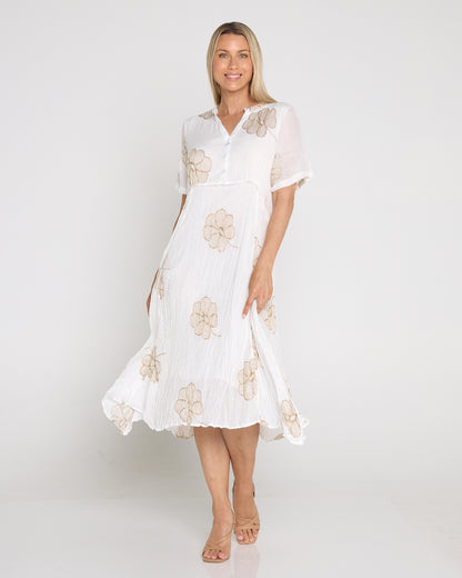 Newark Embroidered Dress - White/Gold