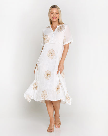 Newark Embroidered Dress - White/Gold