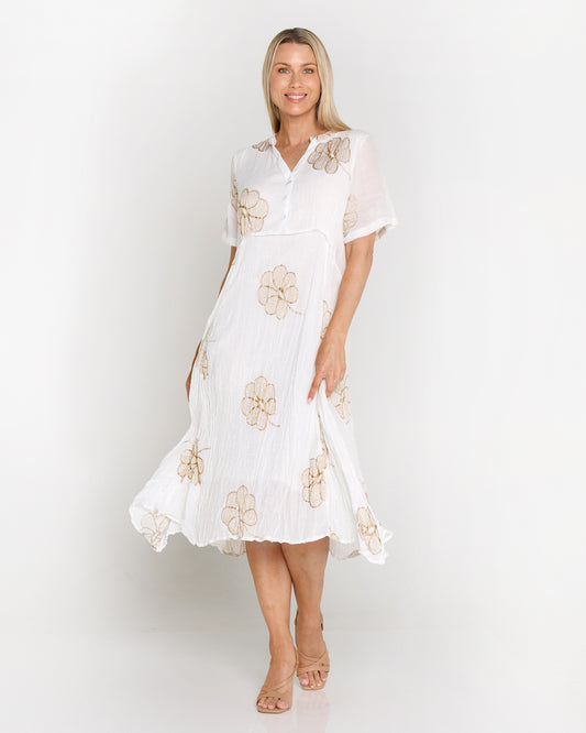 Newark Embroidered Dress - White/Gold