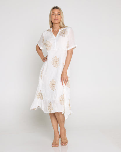 Newark Embroidered Dress - White/Gold