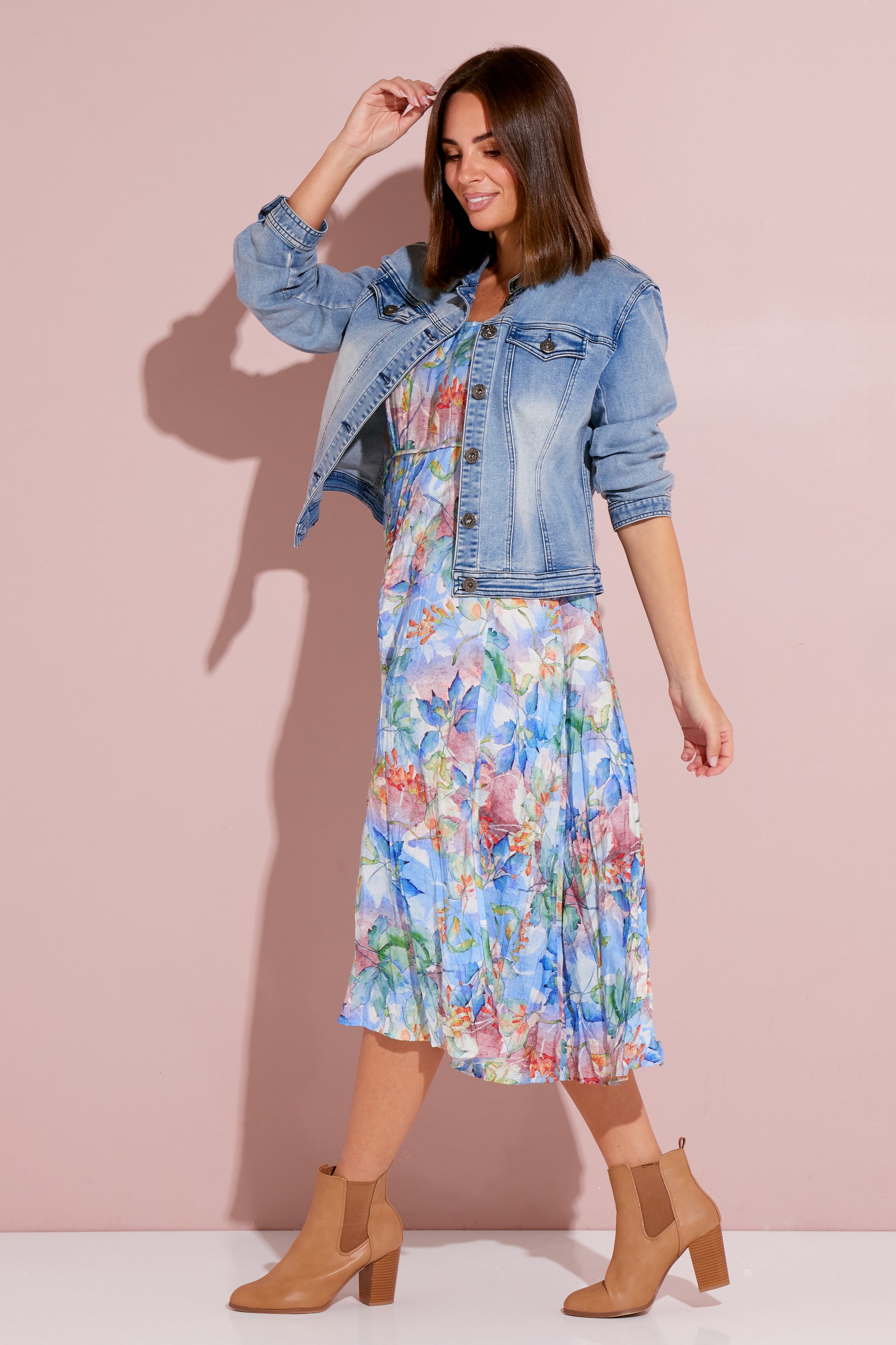 Floral Maxi Dress Dress With Blue Jean Jacket Crinkled Short