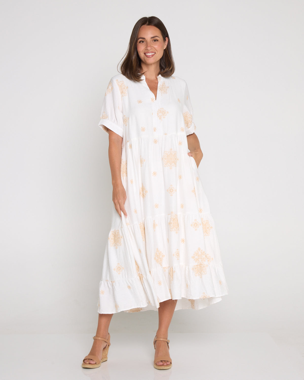 Loretta Midi Shirt Dress - Ivory/Beige Embroidery