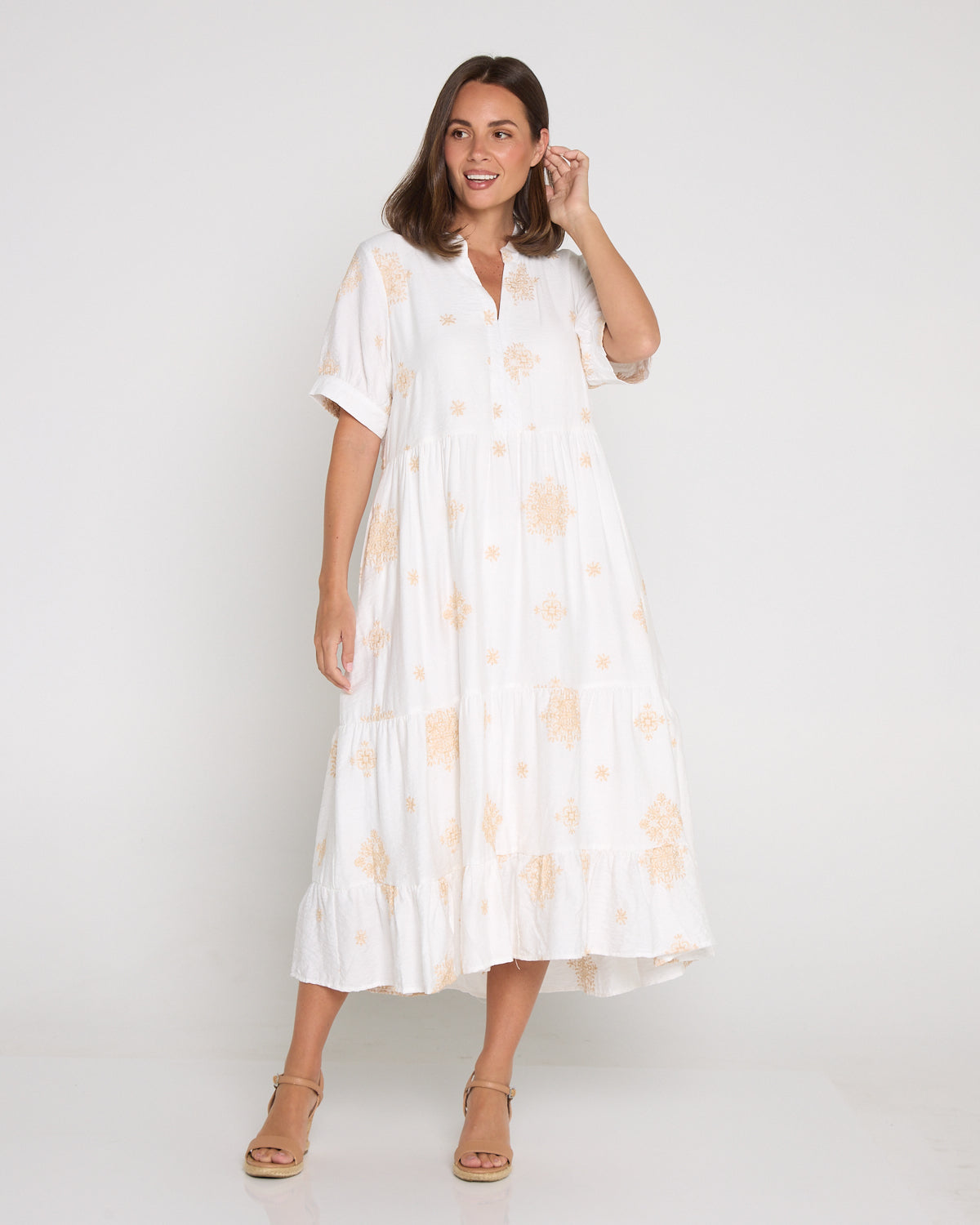 Loretta Midi Shirt Dress - Ivory/Beige Embroidery