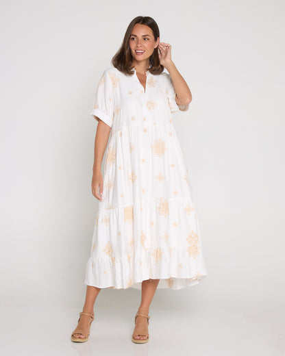 Loretta Midi Shirt Dress - Ivory/Beige Embroidery
