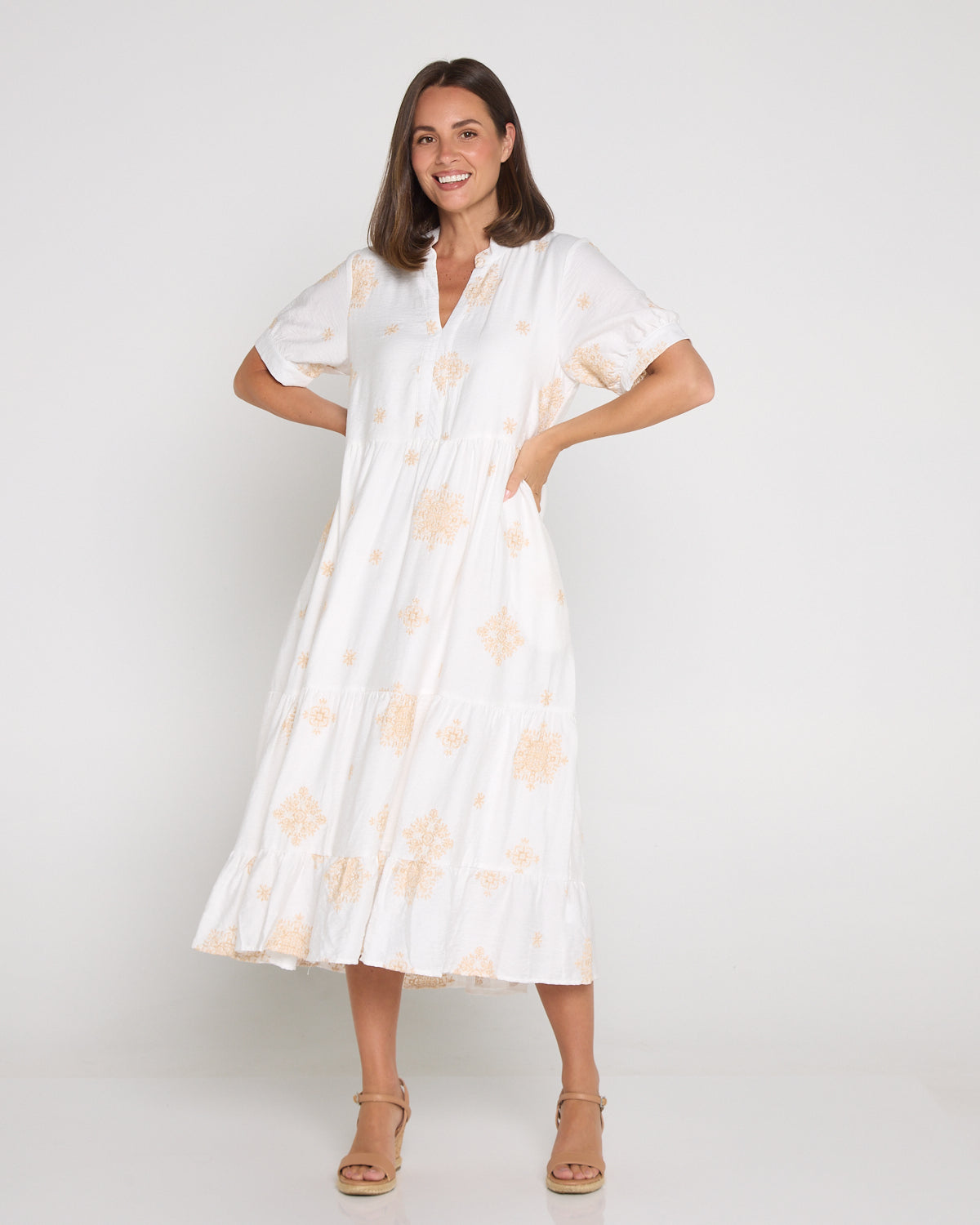 Loretta Midi Shirt Dress - Ivory/Beige Embroidery