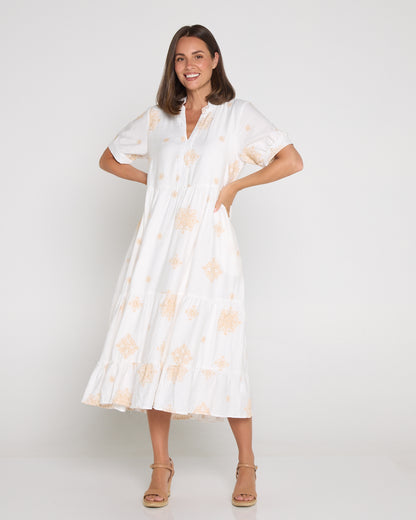 Loretta Midi Shirt Dress - Ivory/Beige Embroidery