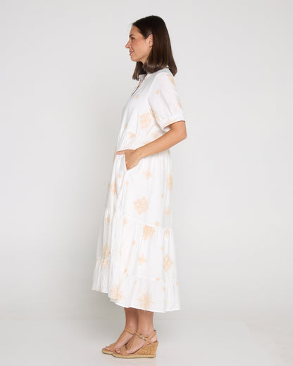 Loretta Midi Shirt Dress - Ivory/Beige Embroidery
