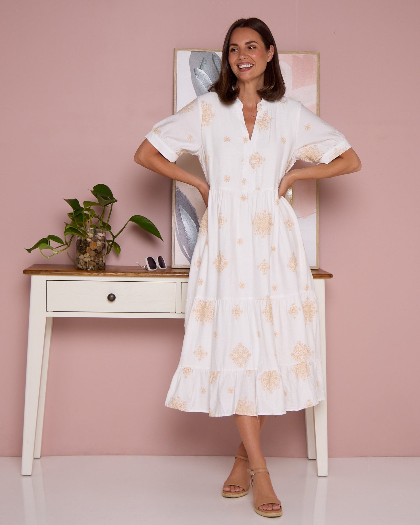 Loretta Midi Shirt Dress - Ivory/Beige Embroidery