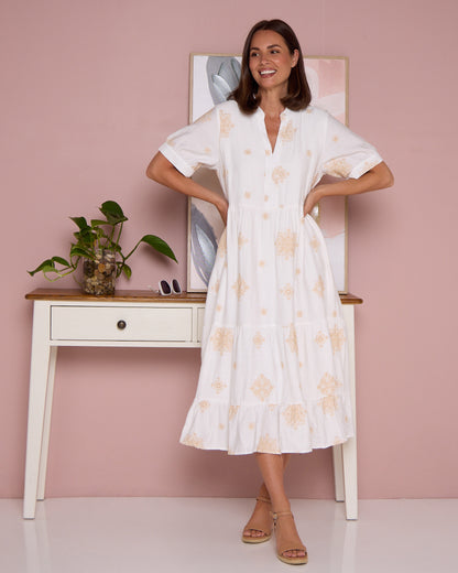 Loretta Midi Shirt Dress - Ivory/Beige Embroidery