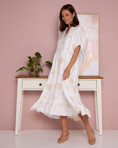 Loretta Midi Shirt Dress - Ivory/Beige Embroidery