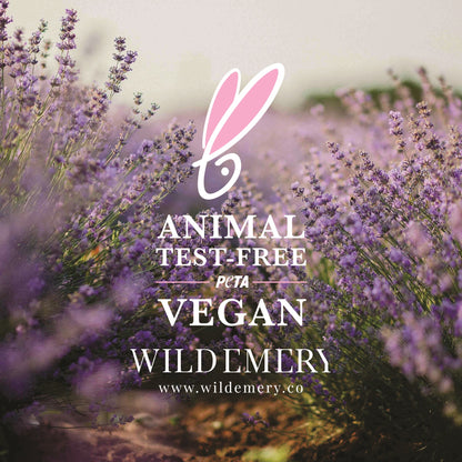 Lavender field with PETA logo, animal test free and vegan, with Wild Emery branding