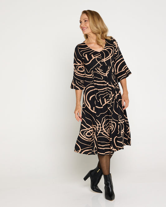 Brighton Sleeved Dress - Black/Beige Swirl