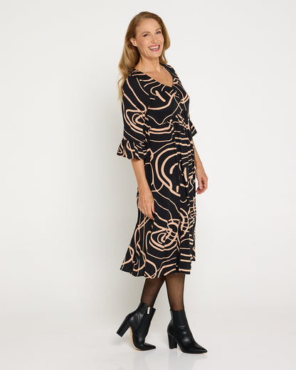 Brighton Sleeved Dress - Black/Beige Swirl