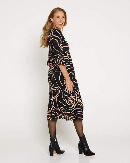 Brighton Sleeved Dress - Black/Beige Swirl