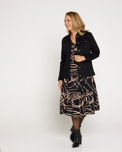 Brighton Sleeved Dress - Black/Beige Swirl