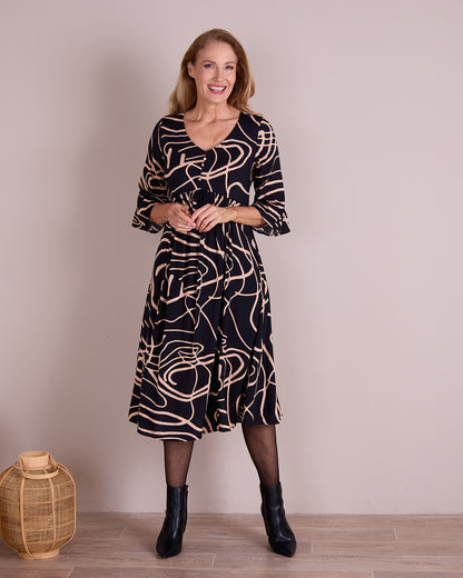 Brighton Sleeved Dress - Black/Beige Swirl