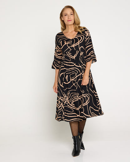 Brighton Sleeved Dress - Black/Beige Swirl