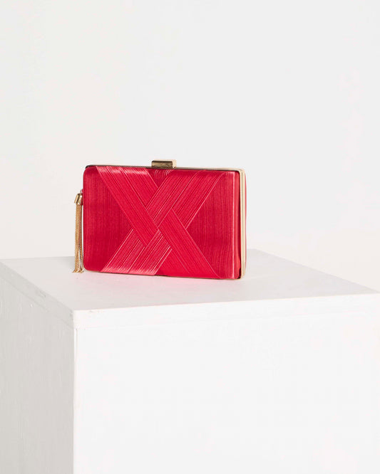 Loren Satin Rectangle Hardcase Clutch - Red