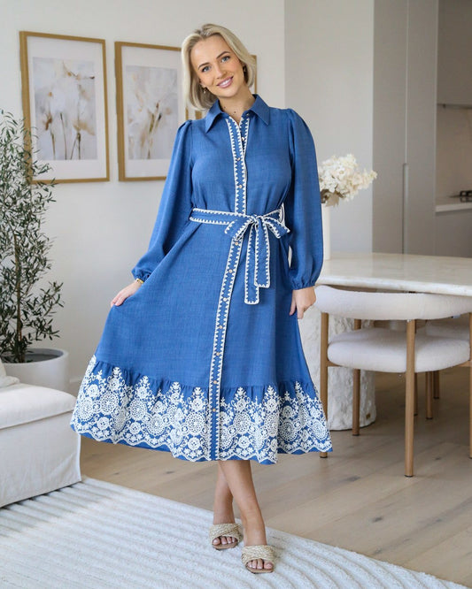 Camelle Embroidered Chambray Dress - Denim