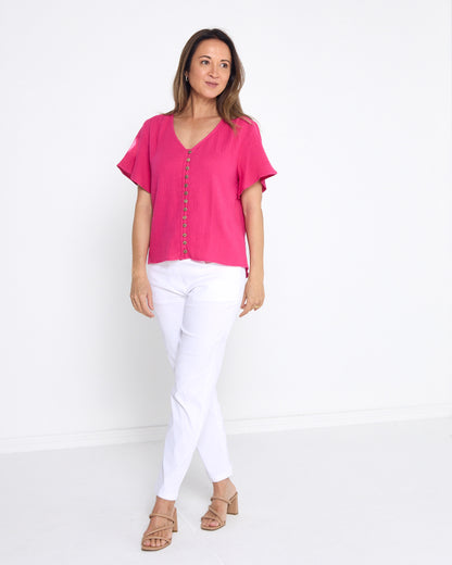 Tarin Button Top - Raspberry