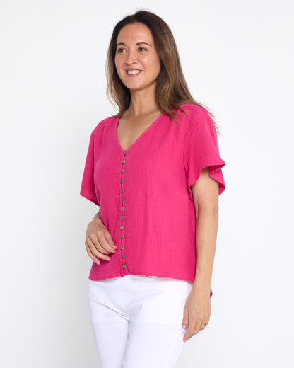 Tarin Button Top - Raspberry