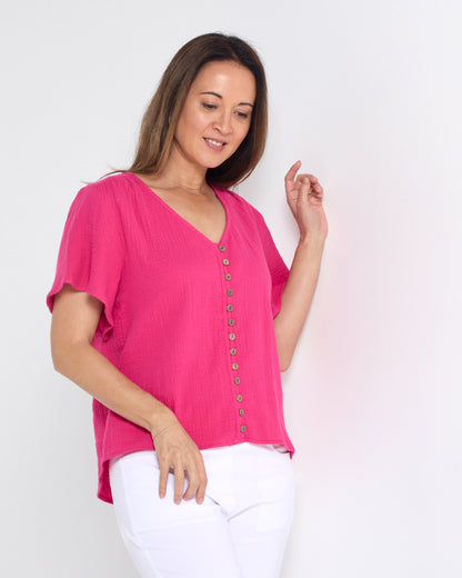 Tarin Button Top - Raspberry