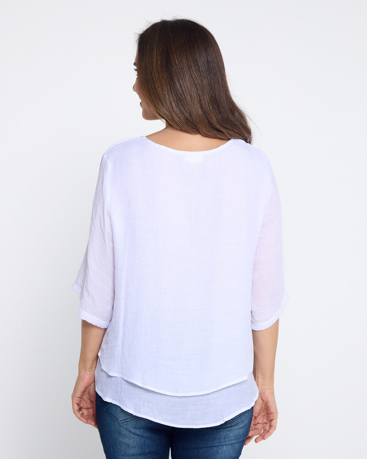Leo Layered Top in white, back view with double-layered hem