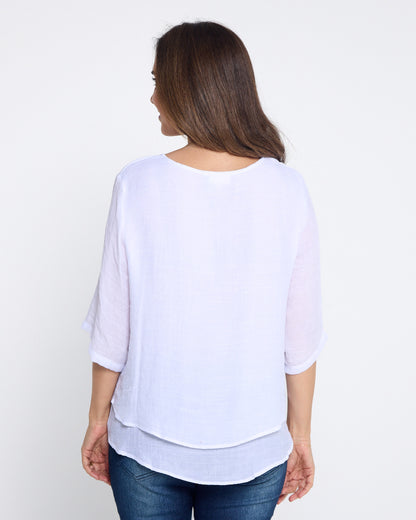 Leo Layered Top in white, back view with double-layered hem