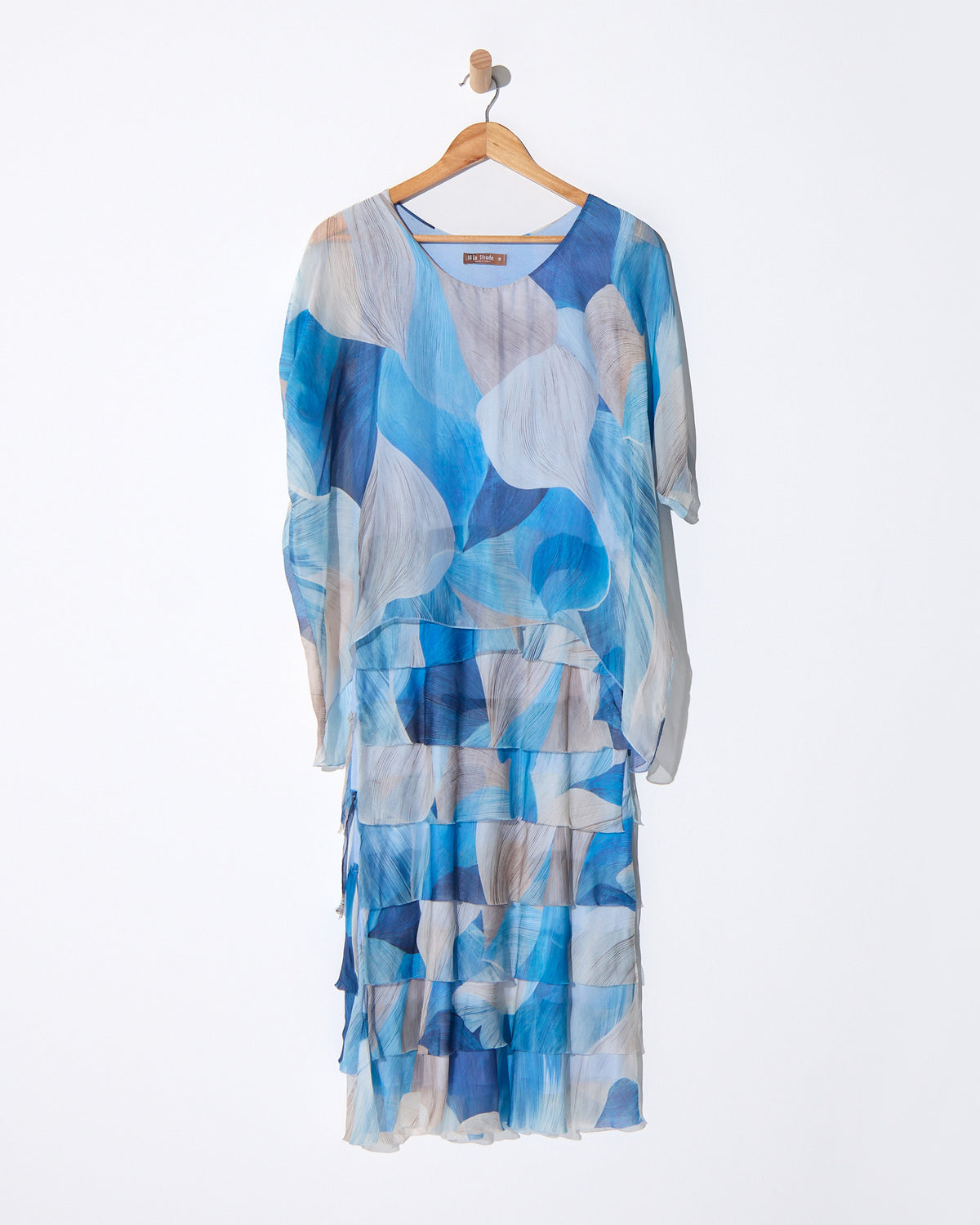 Margo Silk Layered Dress in Blue Celeste, on a hanger