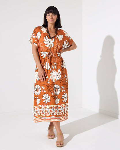Montgomery Dress in toffee, front view showing kimono sleeves and drawstring waist