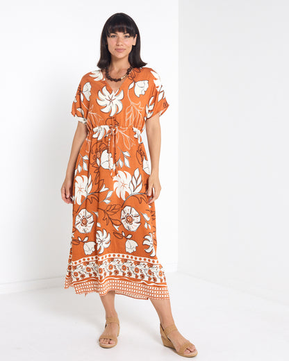 Montgomery Dress in toffee, front view with V neckline and tie waist