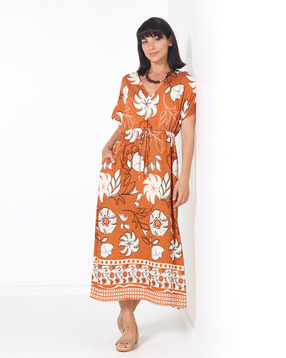 Montgomery Dress in toffee, full-length front view with floral print and border hem