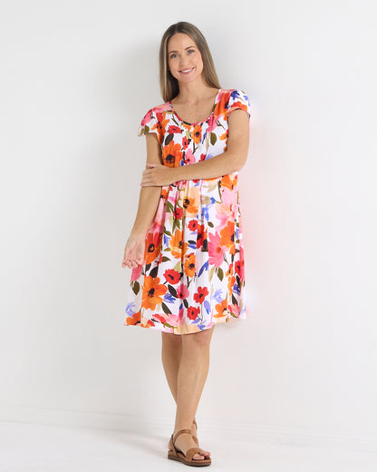 Paige Pintuck Dress in floral print, front view with pintuck detail below the neckline