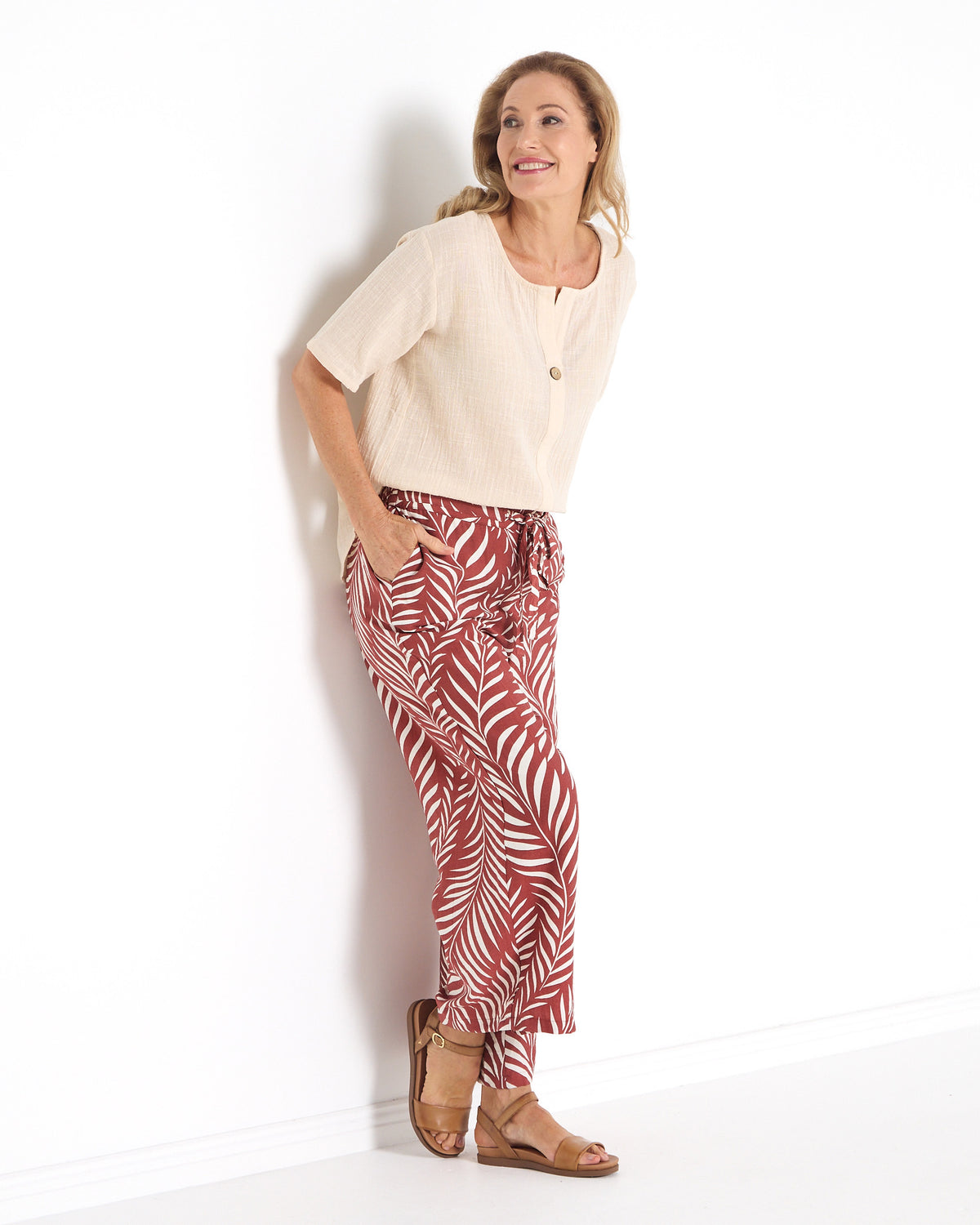 Bristol Tie Front Pant - Rust Palm