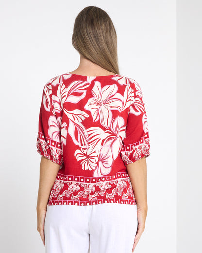 Falkiner Border Print Top in red, back view