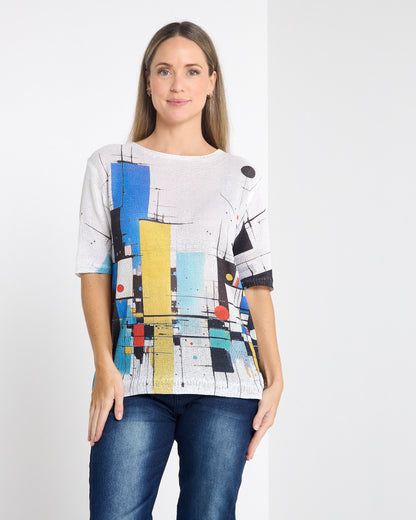 Caprina Knit Top in colour blocks, front view with round neckline and elbow sleeves