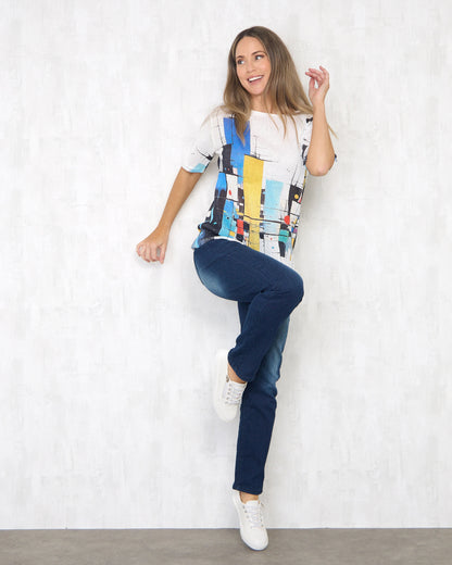 Caprina Knit Top in colour blocks, full-length view styled with jeans and white sneakers
